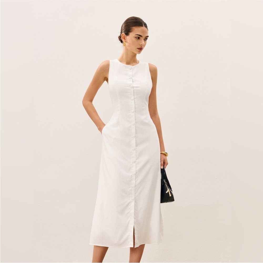 Commense Cotton & Linen Button-Front Sleeveless Dress With Tie NWT Size L - Picture 2 of 9